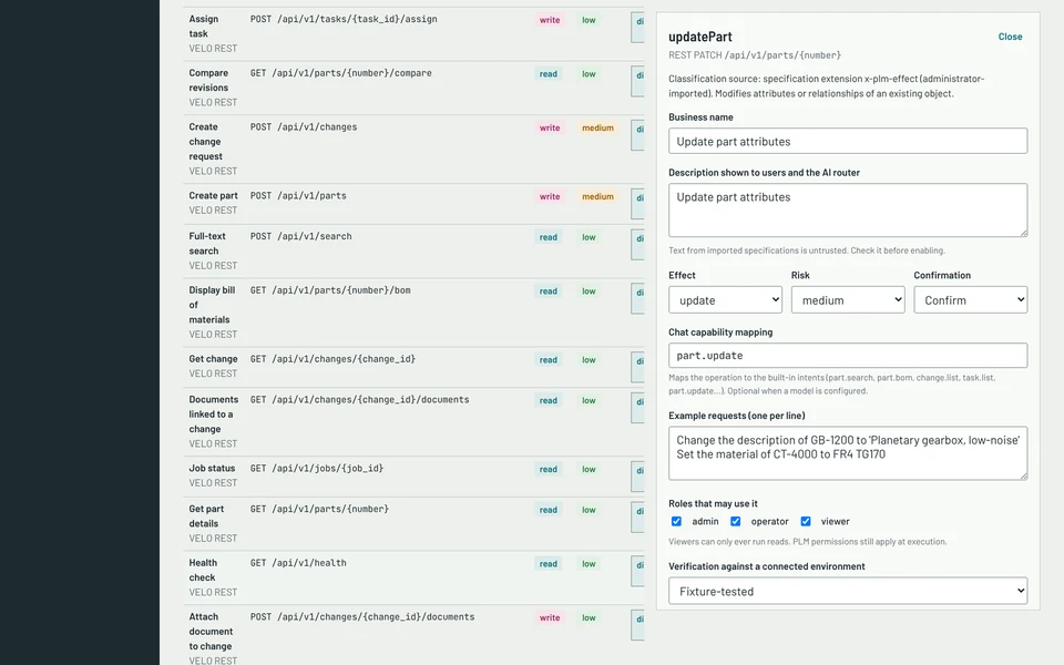 Capability catalogue: a list of discovered API operations with read or write class, risk and state, and a review panel for the updatePart operation.
