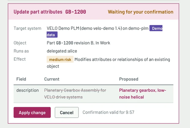 Action preview for part GB-1200: a description change shown with current and proposed values, waiting for confirmation, with Apply change and Cancel buttons.
